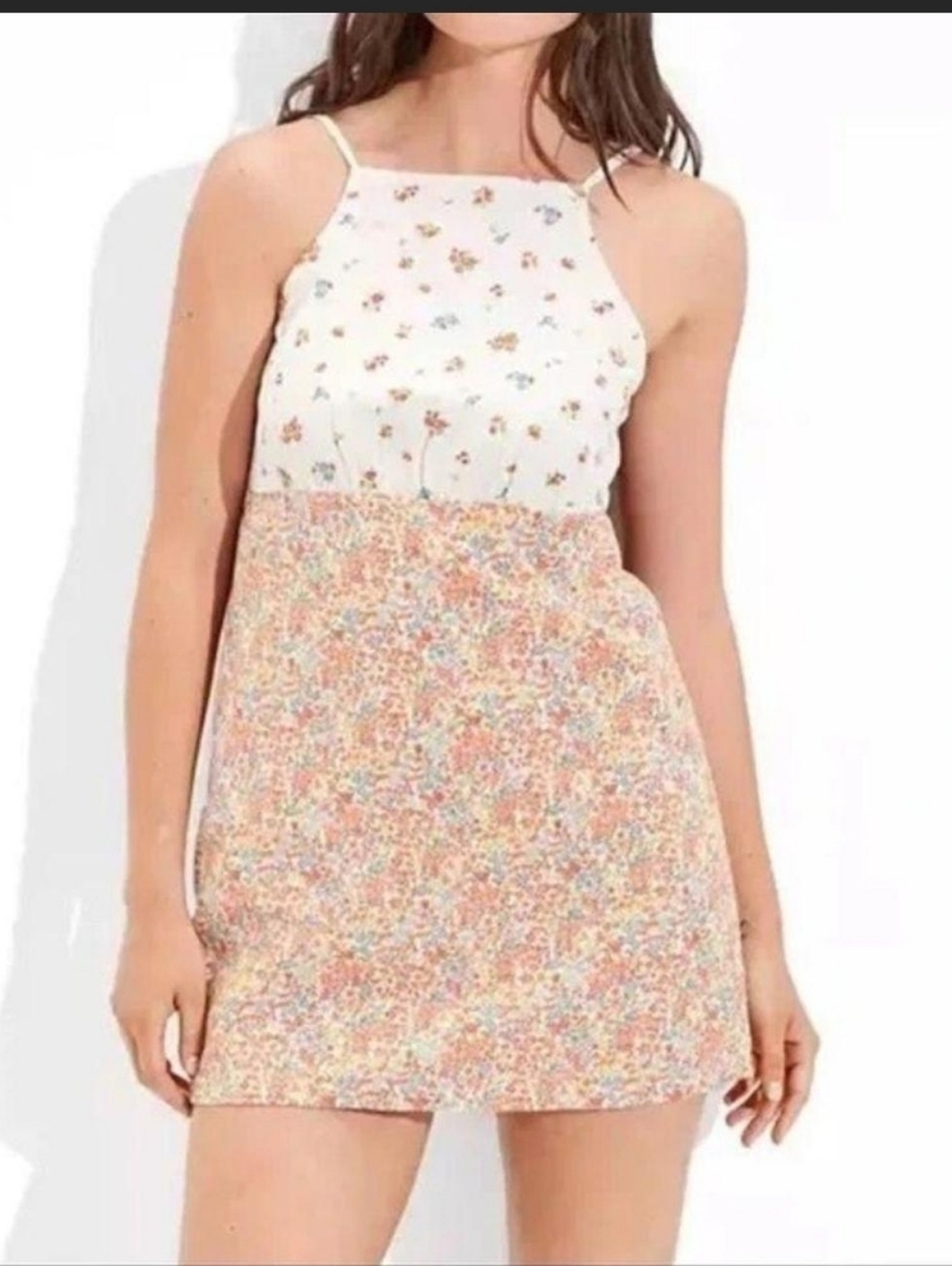 American Eagle Cotton Linen Blend Ditsy floral high neck mini dress. Size Medium